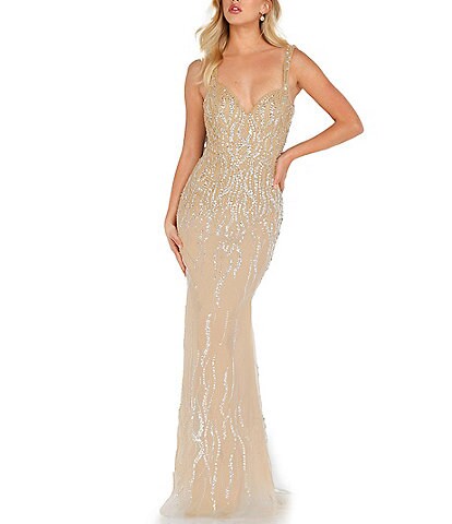 Glamour By Terani Couture Open Back Beaded Sequin Gown