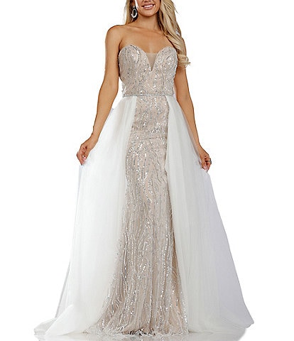 Glamour by Terani Couture Placement Sequin Strapless With Overskirt Ball Gown
