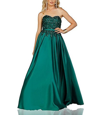 Glamour by Terani Couture Satin Strapless Embellished Bodice Ball Gown
