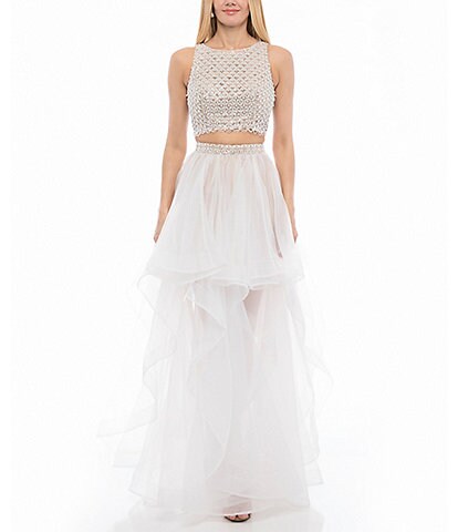 Glamour by Terani Couture Sleeveless Beaded Diamond Crop Top & Layered Corkscrew Chiffon Two-Piece Ball Gown