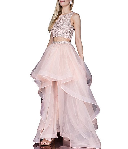 Glamour by Terani Couture Sleeveless Beaded Diamond Crop Top & Layered Corkscrew Chiffon Two-Piece Ball Gown