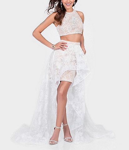 Glamour by Terani Couture Sleeveless Embellished Crop Top & Walk Through Skirt 2-Piece Dress