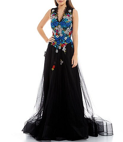 Glamour by Terani Couture Sleeveless V-Neck Multi-Color-Embroidered Bodice Chiffon Ballgown