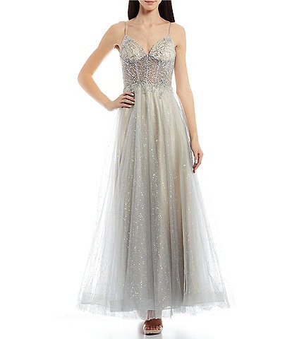 Glamour By Terani Couture Spaghetti-Strap Plunged Two-Tone Beaded Bodice Glitter Chiffon Ball Gown