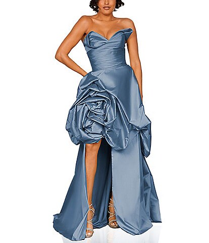 Glamour by Terani Couture Strapless Cascading Taffeta Flower High Low Ball Gown
