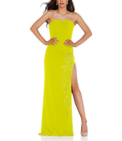 Glamour by Terani Couture Strapless Embellished Fringe Side Slit Gown