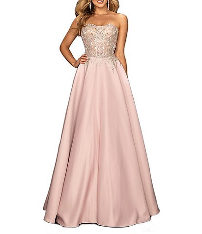 Glamour by Terani Couture Strapless Illusion Beaded Bodice Solid Satin Ball Gown