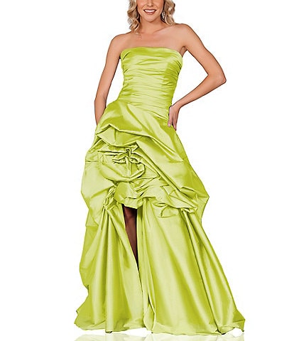 Glamour by Terani Couture Strapless Ruched Bodice Taffeta Ruffle High-Low Ball Gown