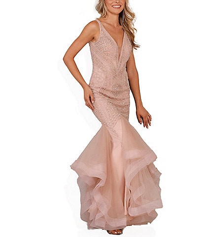 Glamour by Terani Couture Glitter Deep V-Neck Organza Mermaid Gown