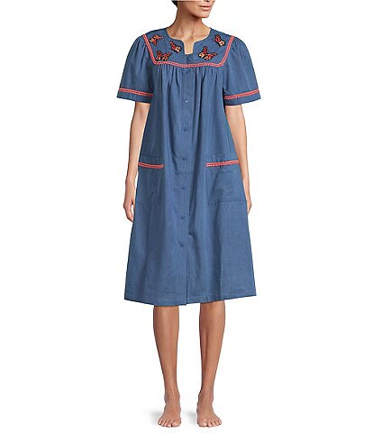 Go Softly Butterfly Embroidered Denim Short Sleeve Snap Front Patio Dress