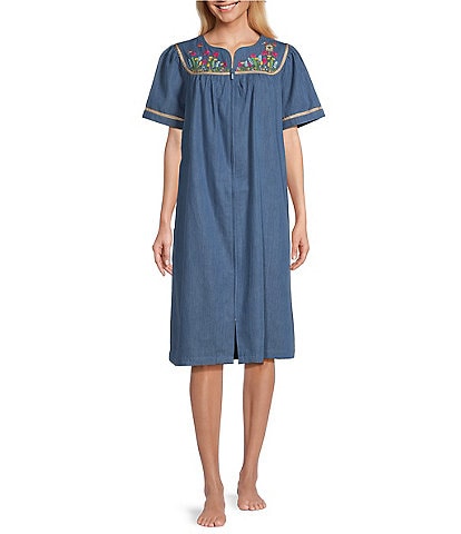 Go Softly Embroidered Bird & Floral Denim Short Sleeve Zip-Front Patio Dress