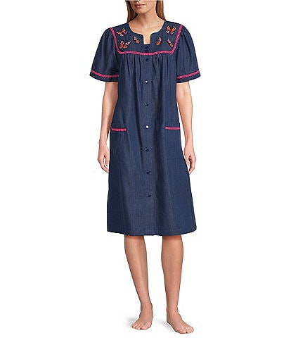 Go Softly Embroidered Butterfly Denim Short Sleeve Snap-Front Patio Dress