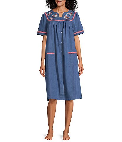 NWT GO SOFTLY 100% COTTON DARK DENIM PATIO MUU HOUSE DRESS ZIP FLO EMB MET XL NWT GO SOFTLY 100% COTTON DARK DENIM PATIO MUU HOUSE DRESS ZIP FLO EMB MET XL