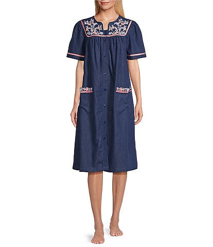 Go Softly Embroidered Floral Short Sleeve Snap-Front Denim Patio Dress