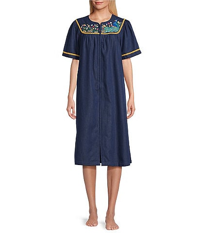 Go Softly Embroidered Peacock Floral Short Sleeve Zip-Front Denim Patio Dress