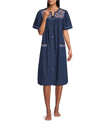 Go Softly Embroidered Red, White, & Blue Floral Denim Short Sleeve Snap Button Front Patio Dress