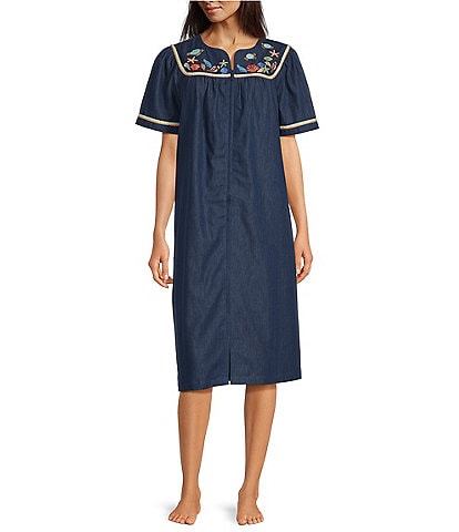 Go Softly Embroidered Sea Life Short Sleeve Zip-Front Denim Patio Dress