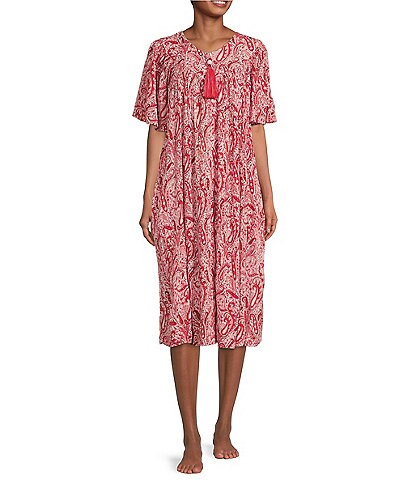 Go Softly Pink Paisley Print V-Neck Short Sleeve Tassel Front Zip Crinkled Patio Dress