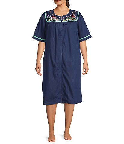 Go Softly Plus Size Bird and Floral Embroidered Denim Short Sleeve Zip Front Patio Dress
