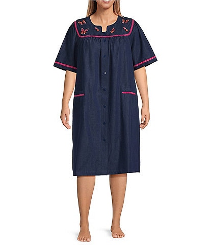 Go Softly Plus Size Embroidered Butterfly Denim Short Sleeve Snap-Front Patio Dress