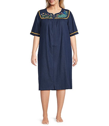Go Softly Plus Size Embroidered Peacock Floral Short Sleeve Zip-Front Denim Patio Dress