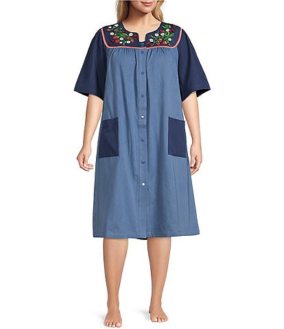 Go Softly Plus Size Embroidered Strawberry Denim Short Sleeve Snap Button Front Patio Dress