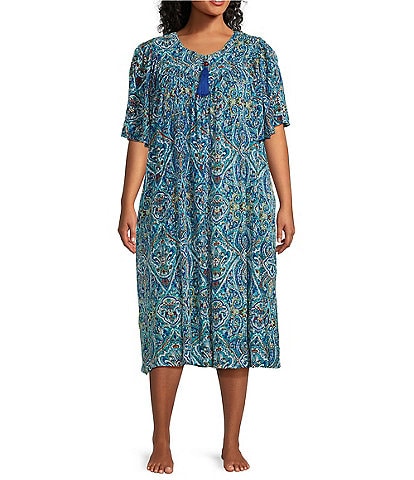 Go Softly Plus Size Teal Paisley Print V-Neck Short Sleeve Tassel Front Zip Crinkled Patio Dress