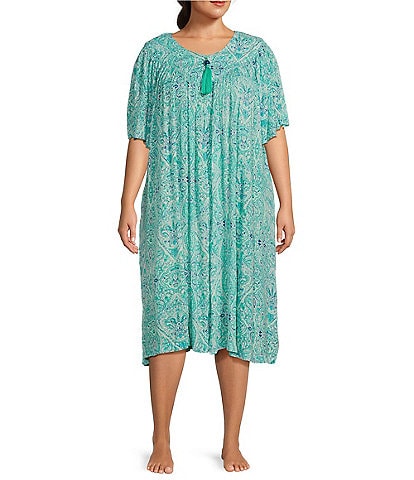 Go Softly Plus Size Tile Print V-Neck Short Sleeve Zip-Front Crinkle Patio Dress