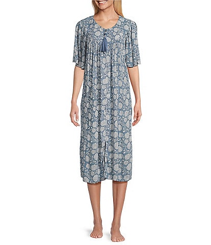 Go Softly Short Sleeve V-Neck Floral  Zip-Front Crinkle Patio Dress