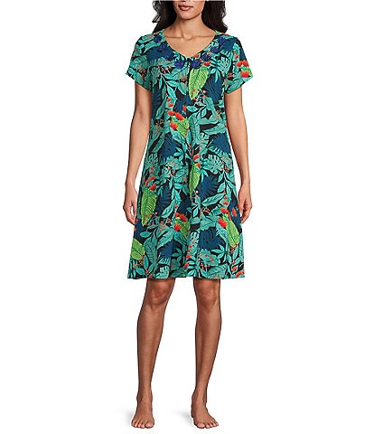 Go Softly Tropical Palm Print Short Sleeve V-Neck Zip-Front Patio Dress