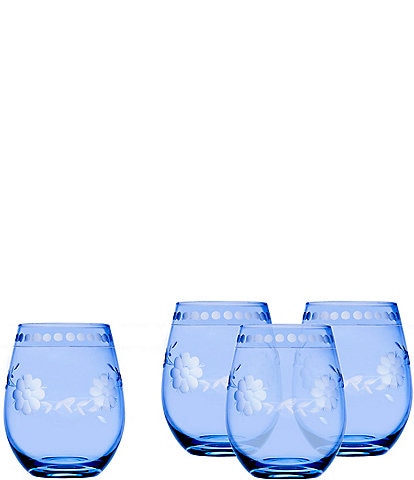 Godinger Belle Fleur Blue Stemless Wine Glasses, Set of 4, 16 oz.