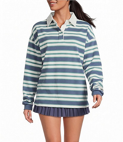 GOLD HINGE Striped Rugby Collared Neck Long Sleeve Top