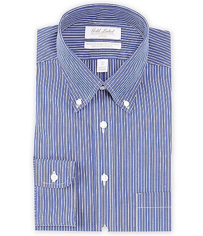 Gold Label Roundtree & Yorke Fitted Non-Iron Button Down Collar Track Stripe Poplin Dress Shirt