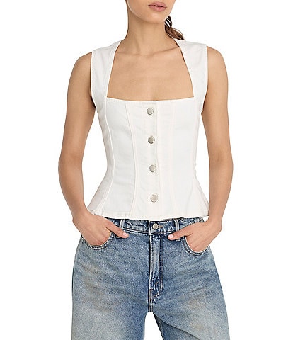 Good American Button Front Square Neck Sleeveless Peplum Denim Top