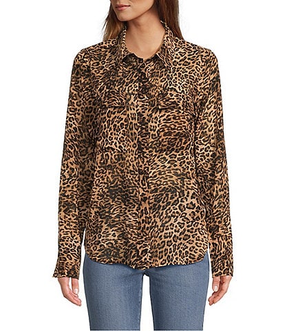 Good American Georgette Leopard Print Collared Long Sleeve Button Front Shirt