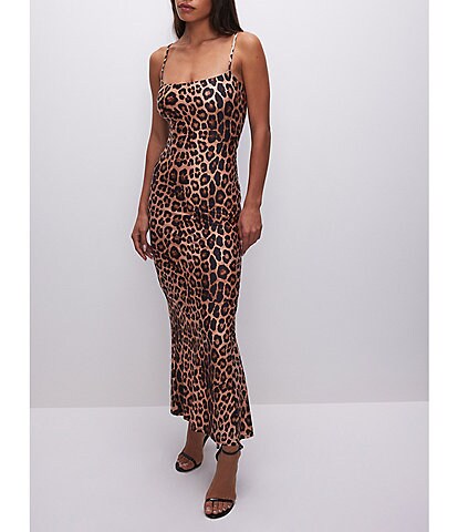 Good American Leopard Print Square Neck Sleeveless Satin Slip Maxi Dress