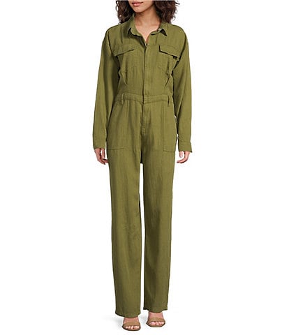 Good American Lite Linen Oversized Collar Neckline Long Sleeve Jumpsuit