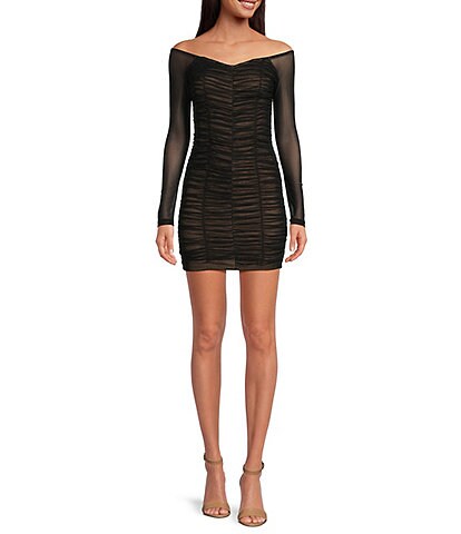 Good American Mesh Off-the-Shoulder Ruched Long Sleeve Mini Dress