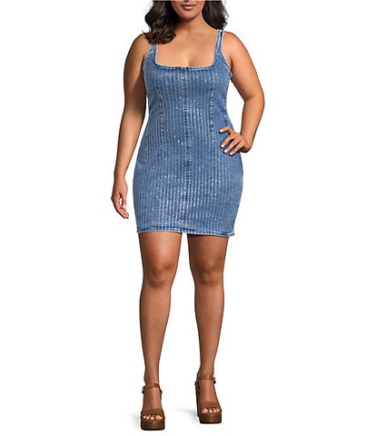 Good American Plus Denim Rhinestone Square Neck Sleeveless Shift Dress