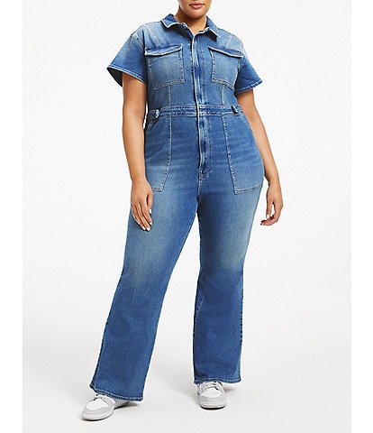 Good American Plus Size Fit For Success Short Sleeve Point Collar Straight Leg Stretch Denim Jumpsuit