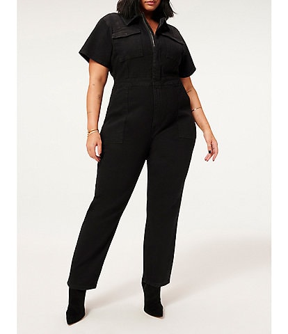 Good American Plus Size Fit For Success Short Sleeve Point Collar Straight Leg Stretch Denim Jumpsuit
