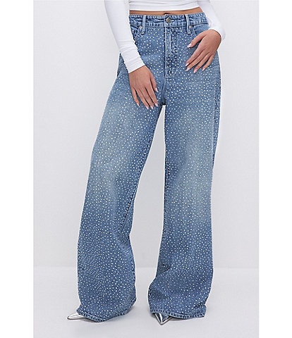 Good American Plus Size Good Ease Rhinestone Embellished Relaxed Wide Leg Jeans