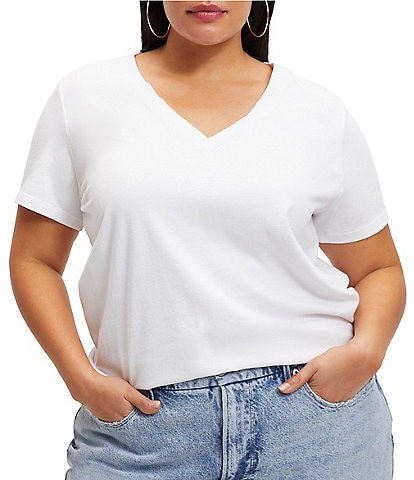 Good American Plus Size Heritage V-Neck Short Sleeve Relaxed Fit Knit Tee