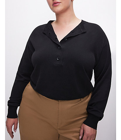 Good American Plus Size Knit Tissue V-Neck Long Sleeve Henley Sweater