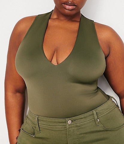 Good American Plus Size Scuba Knit Deep V-Neck Sleeveless Bodysuit