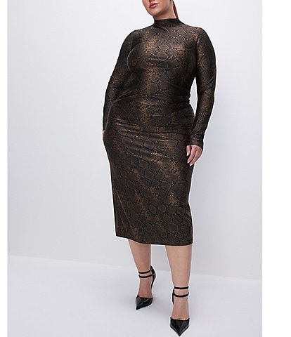 Good American Plus Size Shine Python Print Mock Neck Long Sleeve Bodycon Midi Dress