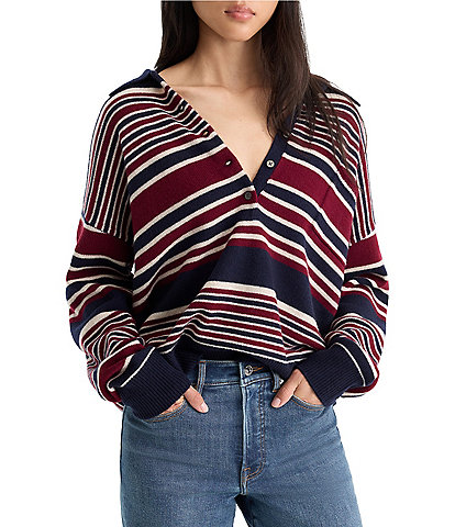 Good American The Oversized Rugby Stripe Collared Long Sleeve Sweater
