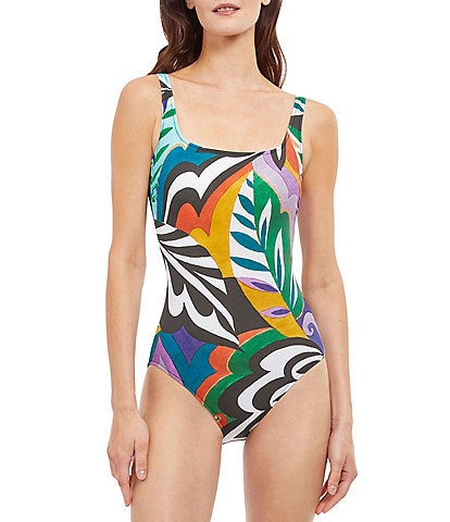 Gottex Abstract Art Print Square Neck Tummy Control One Piece Swimsuit