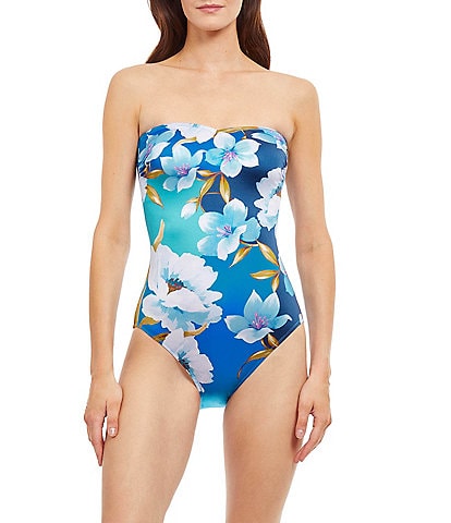 Gottex Bella Rose Floral Print Shaped Bandeau Tummy Control One Piece Swimsuit