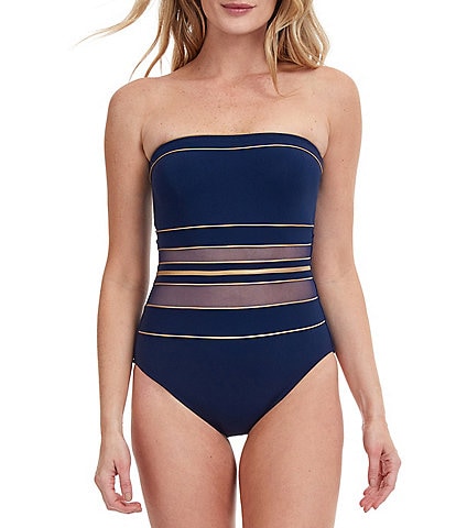 Gottex Onyx Bandeau Tummy Control Gold Binding Detail One Piece Swimsuit